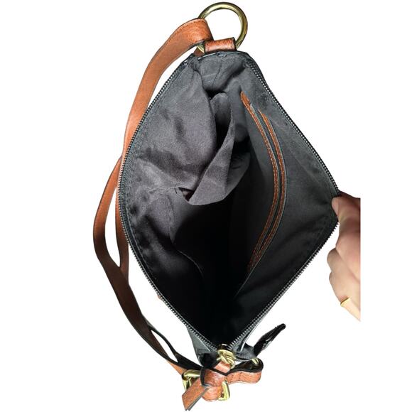 Soft Pebbled Leather Crossbody Bag Black & Brown Boho Shoulder Purse - Picture 8 of 11